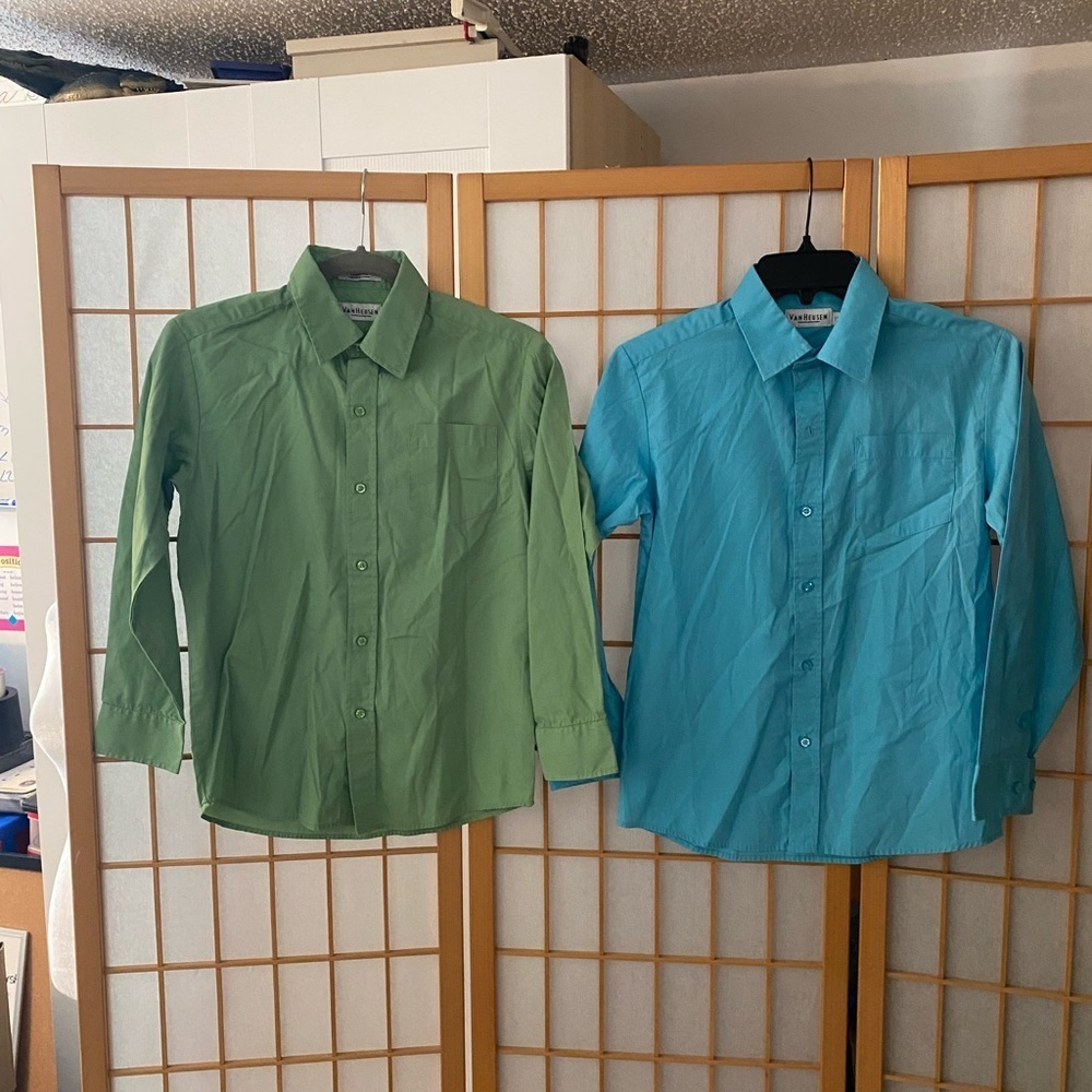 Set Lot 2 Van Heusen Long Sleeve Button Down Shirts Boys Youth 12 Blue Green